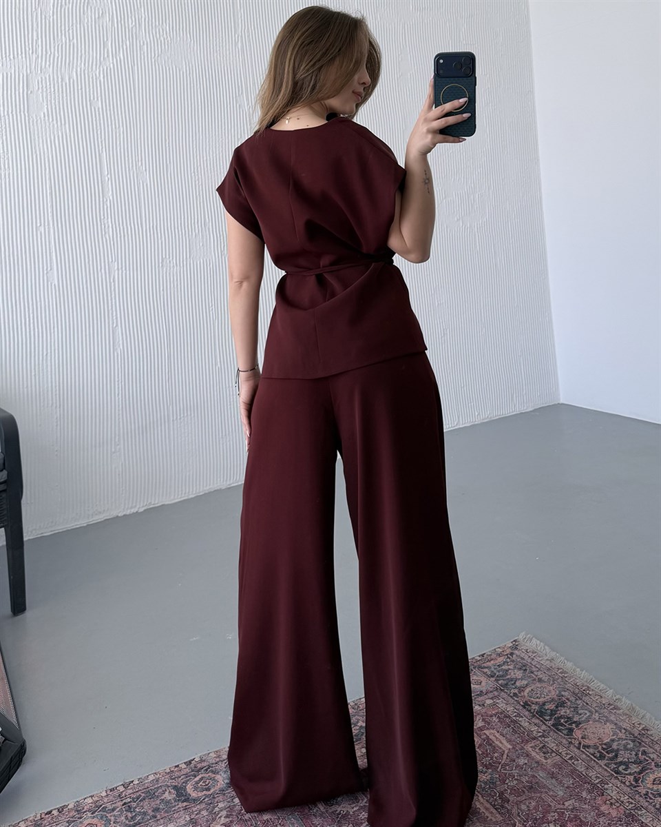 Kruvaze Belden Bağlamalı Bordo Takım