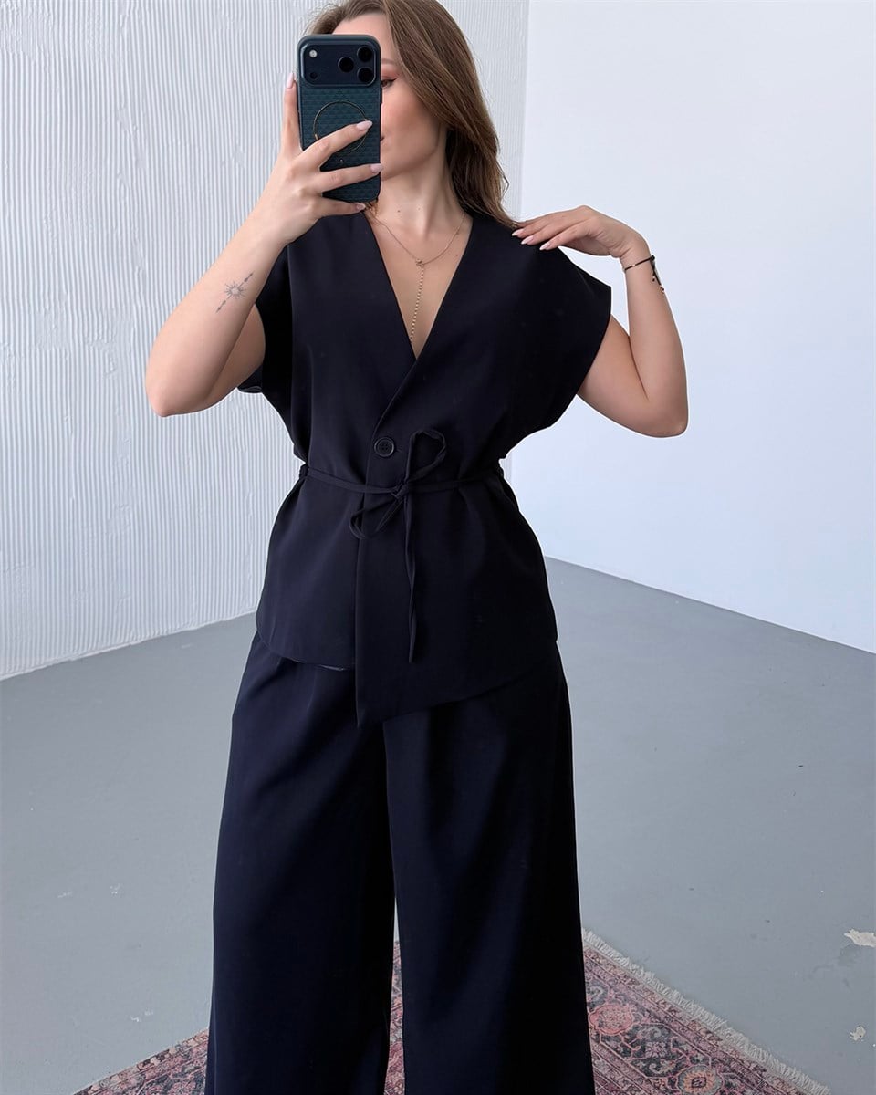 Kruvaze Belden Bağlamalı Lacivert Takım