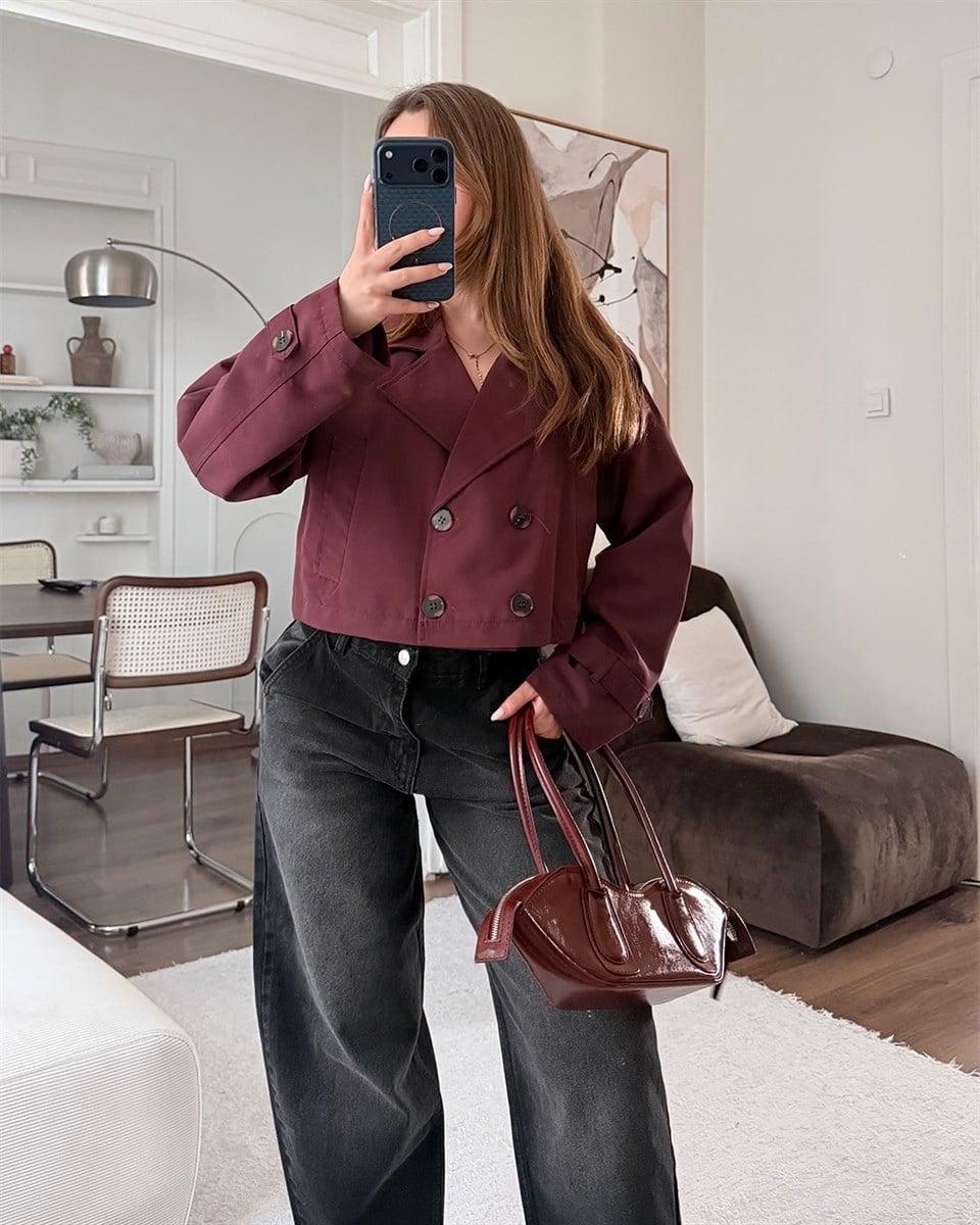 Kruvaze Crop Bordo Trençkot