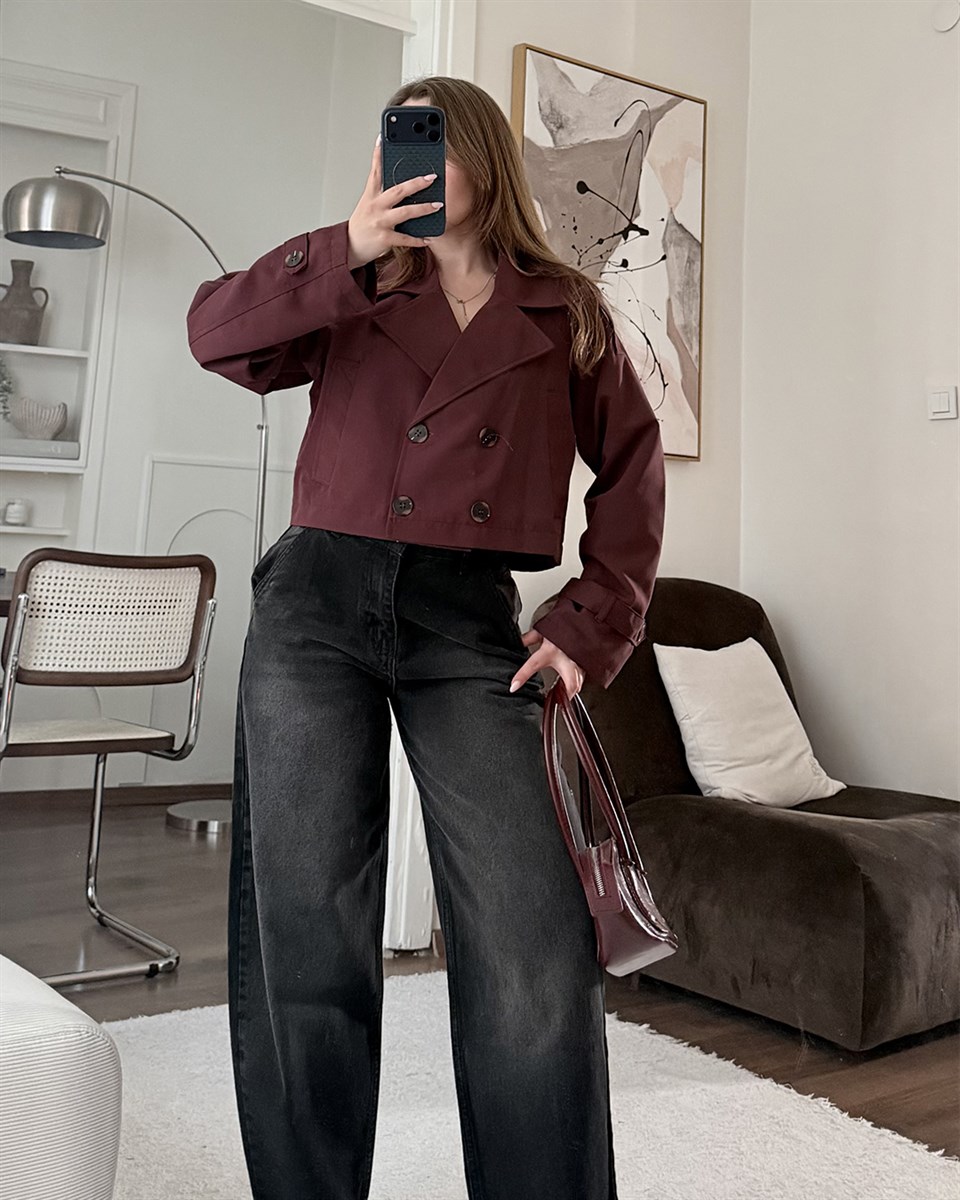 Kruvaze Crop Bordo Trençkot