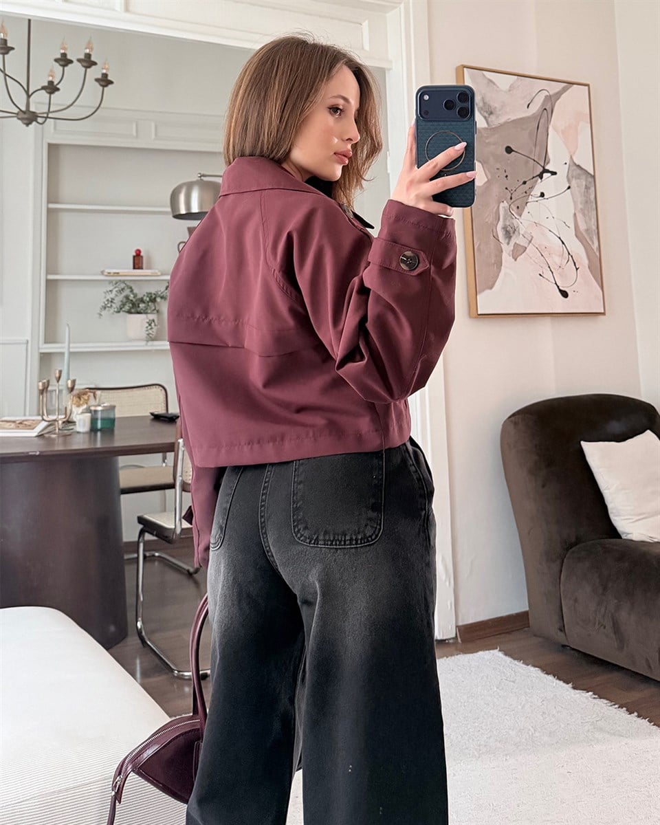 Kruvaze Crop Bordo Trençkot