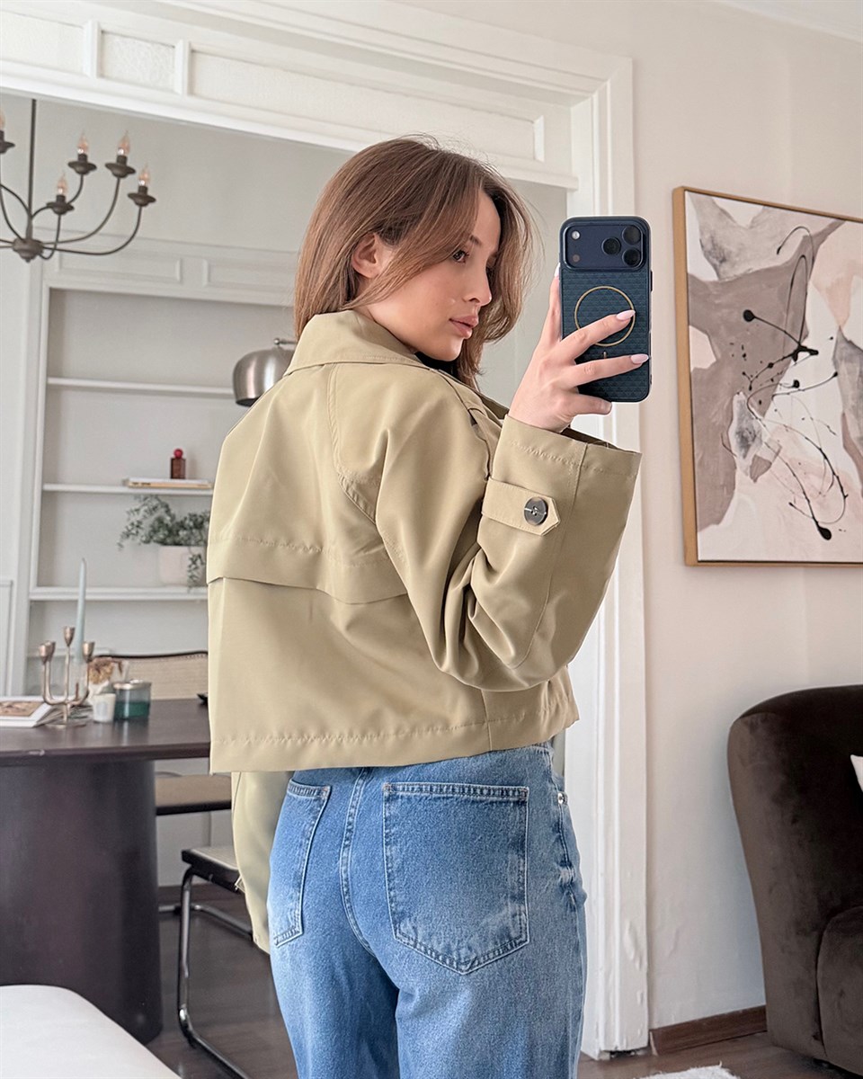 Kruvaze Crop Haki Trençkot