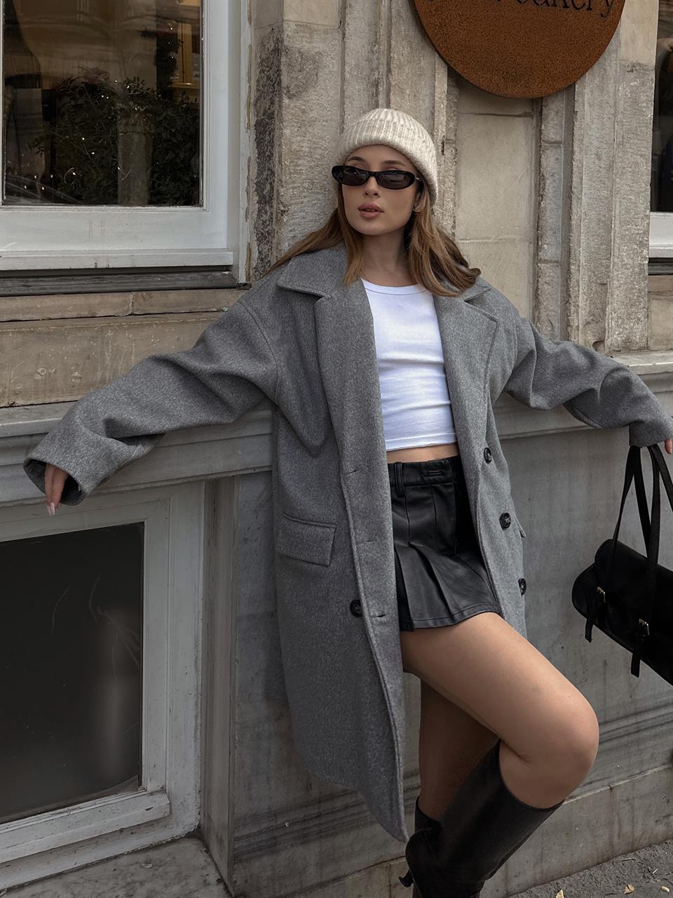 Kruvaze Gri Kaşe Kaban