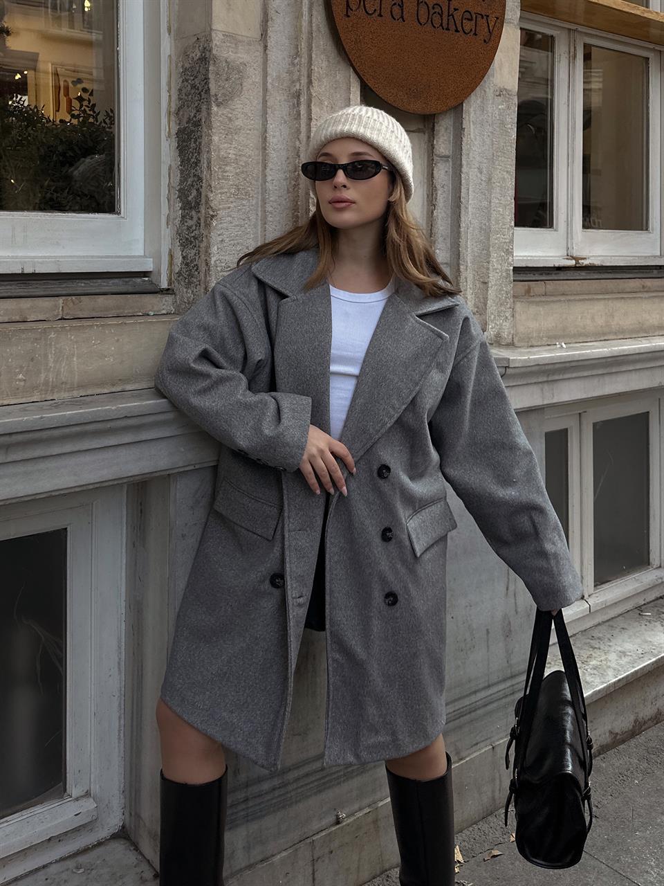 Kruvaze Gri Kaşe Kaban