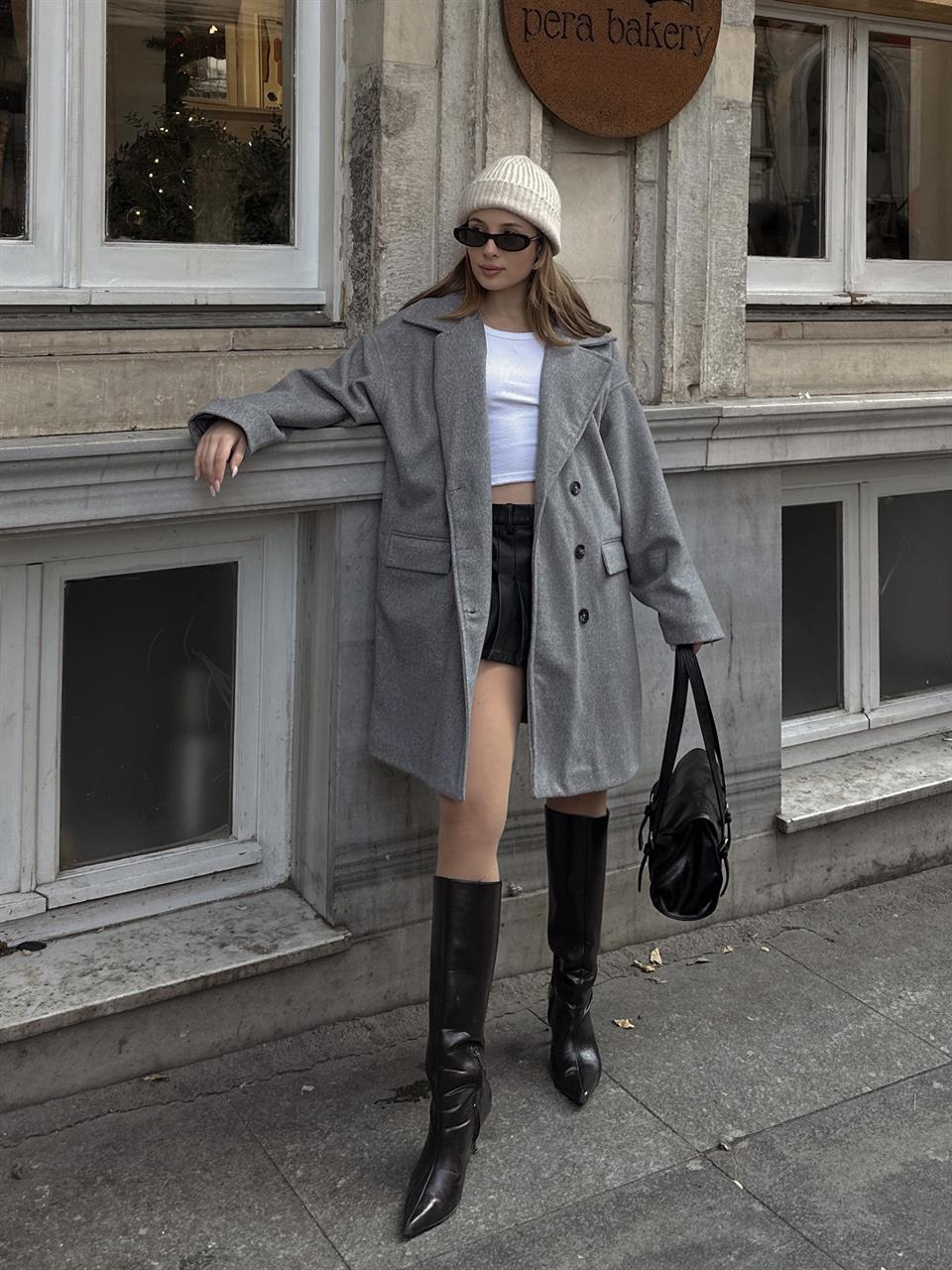 Kruvaze Gri Kaşe Kaban