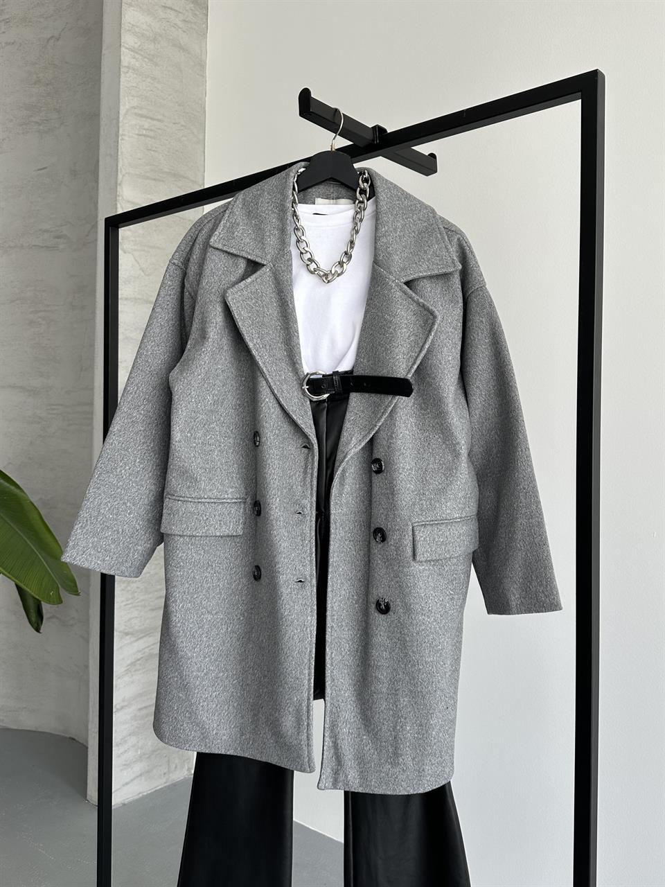 Kruvaze Gri Kaşe Kaban