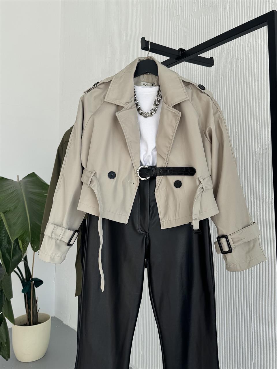 Kruvaze Kesim Crop Kemerli Taş Trençkot