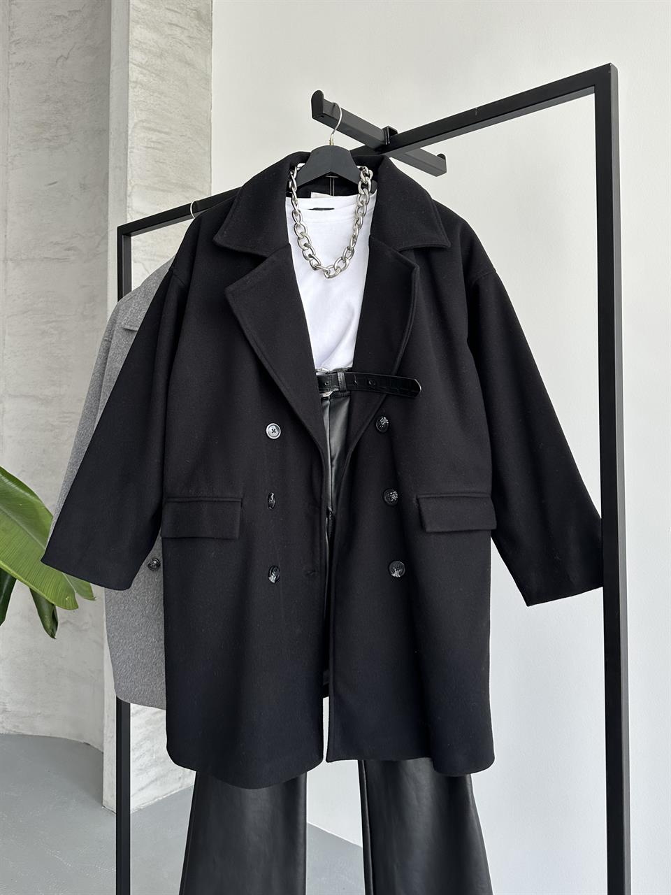 Kruvaze Siyah Kaşe Kaban