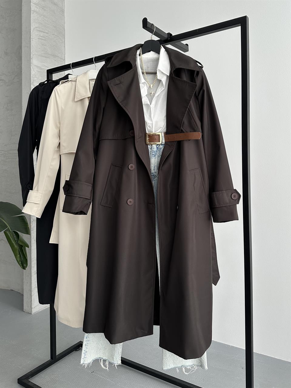 Kruvaze Yaka Acı Kahve Trençkot