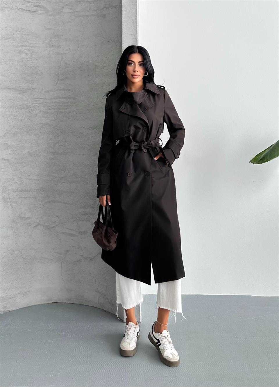 Kruvaze Yaka Acı Kahve Trençkot