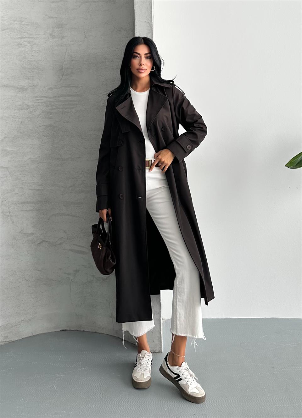 Kruvaze Yaka Acı Kahve Trençkot