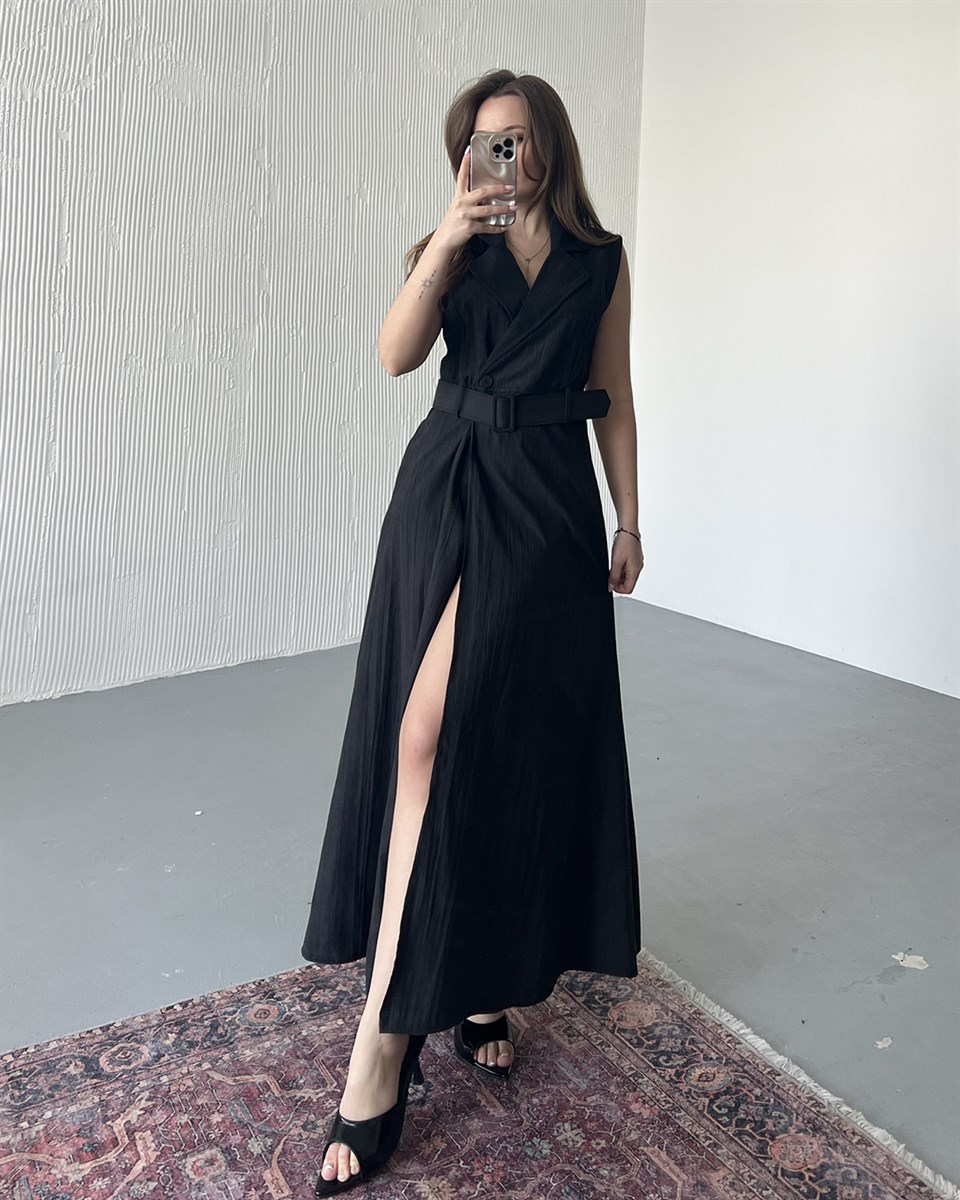 Kruvaze Yaka Kemerli Yırtmaçlı Siyah Maxi Elbise