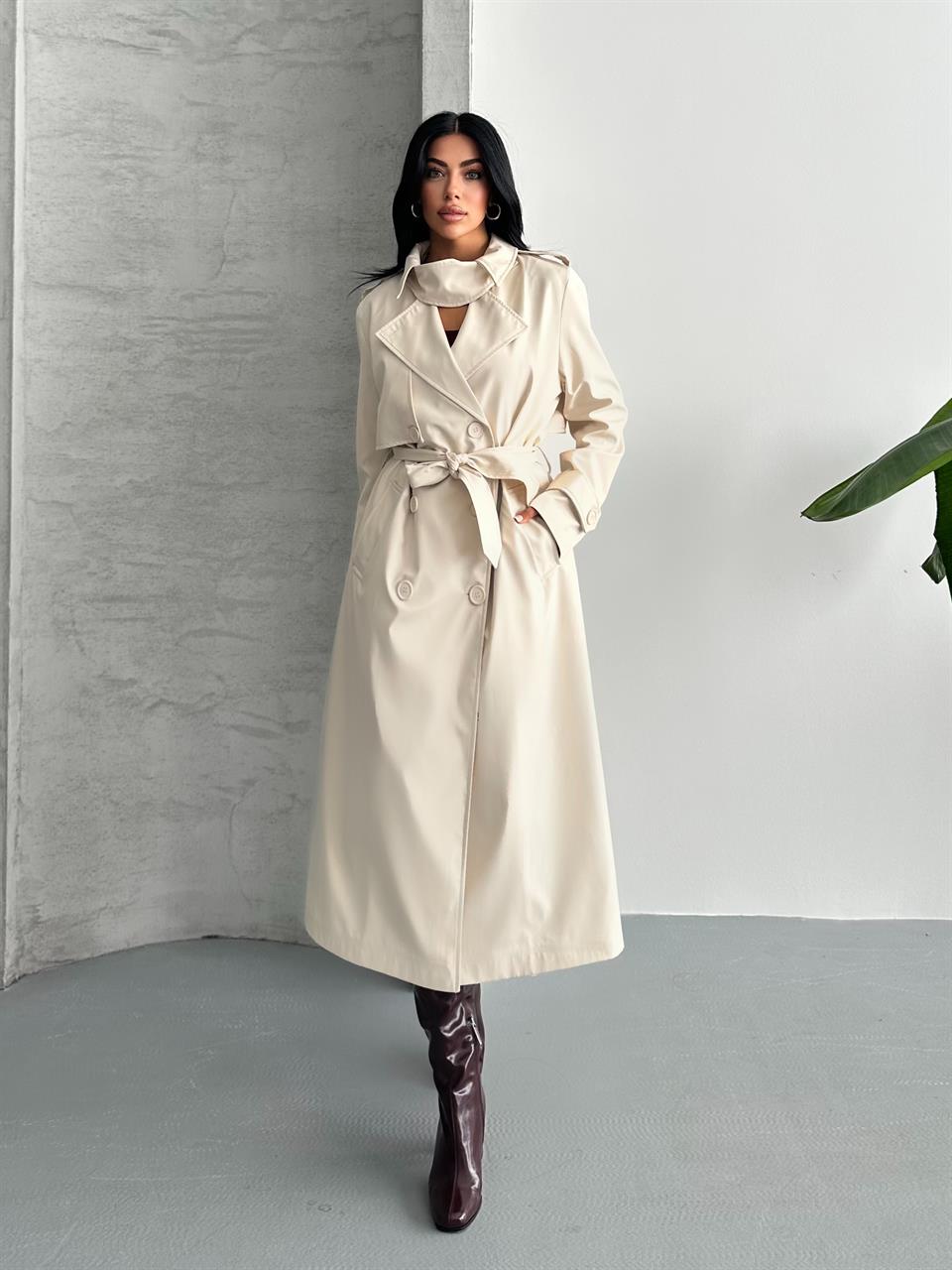 Kruvaze Yaka Kırık Beyaz Trençkot