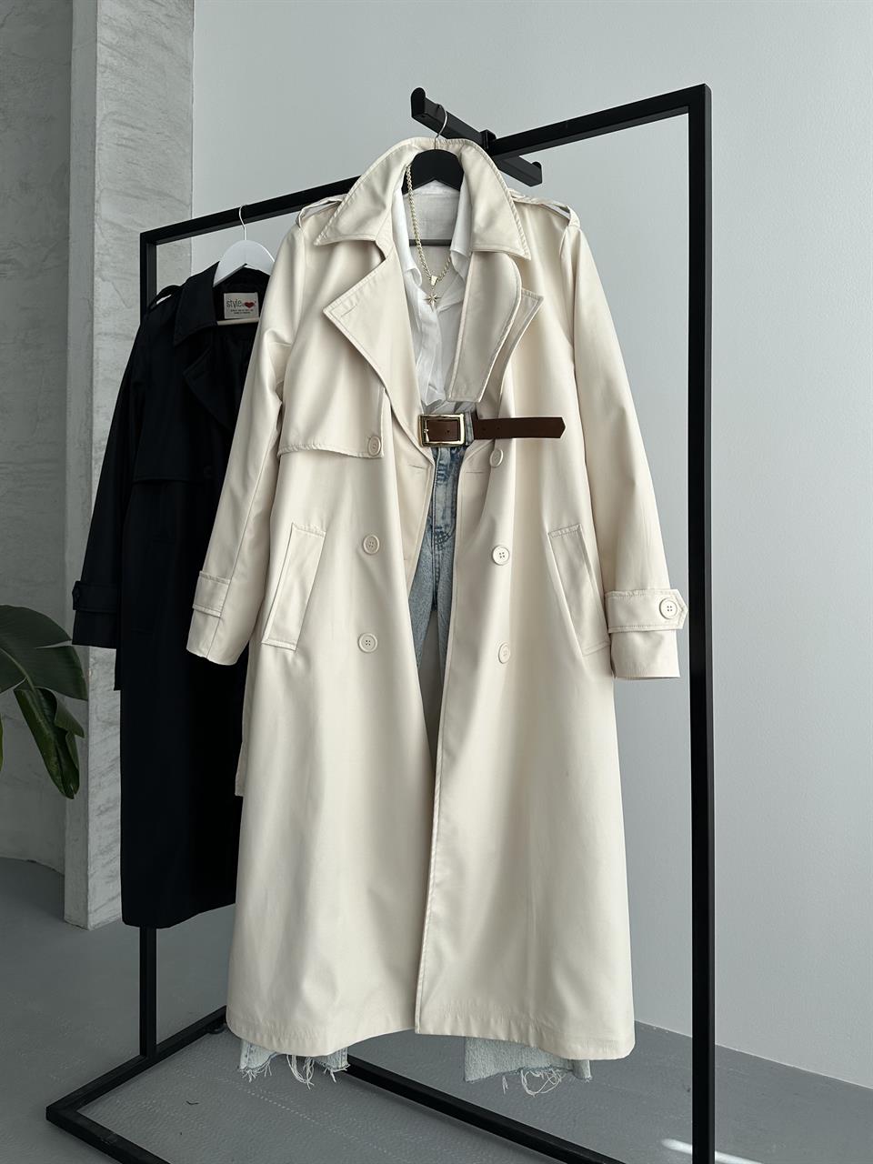 Kruvaze Yaka Kırık Beyaz Trençkot