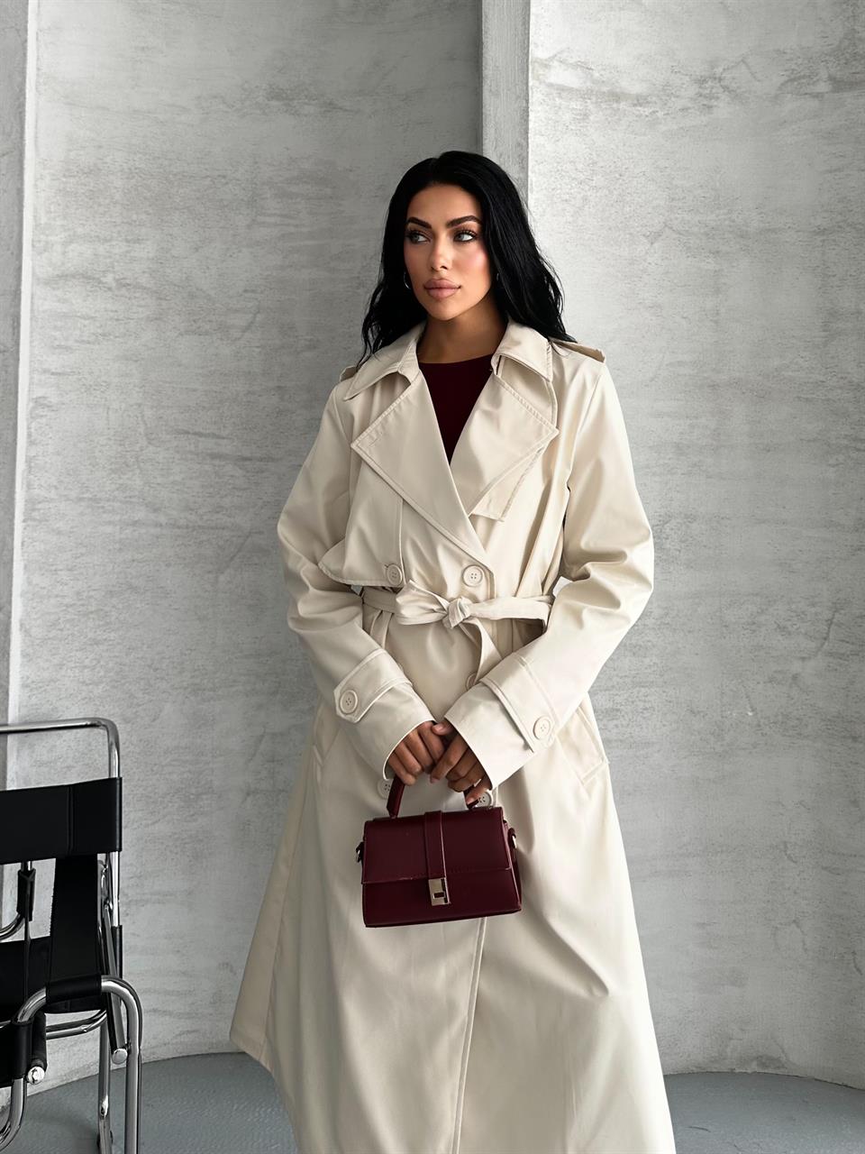 Kruvaze Yaka Kırık Beyaz Trençkot