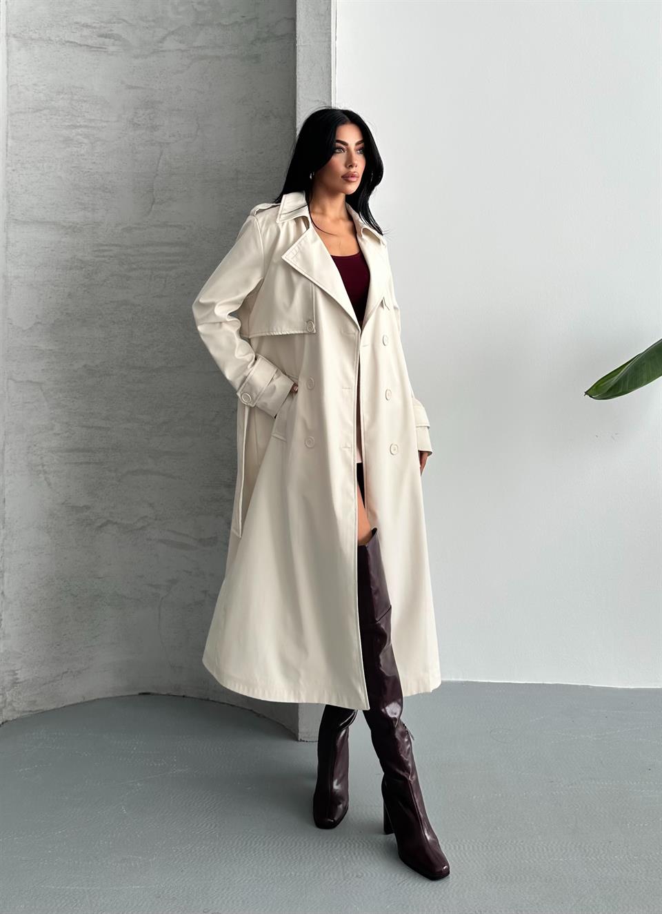 Kruvaze Yaka Kırık Beyaz Trençkot