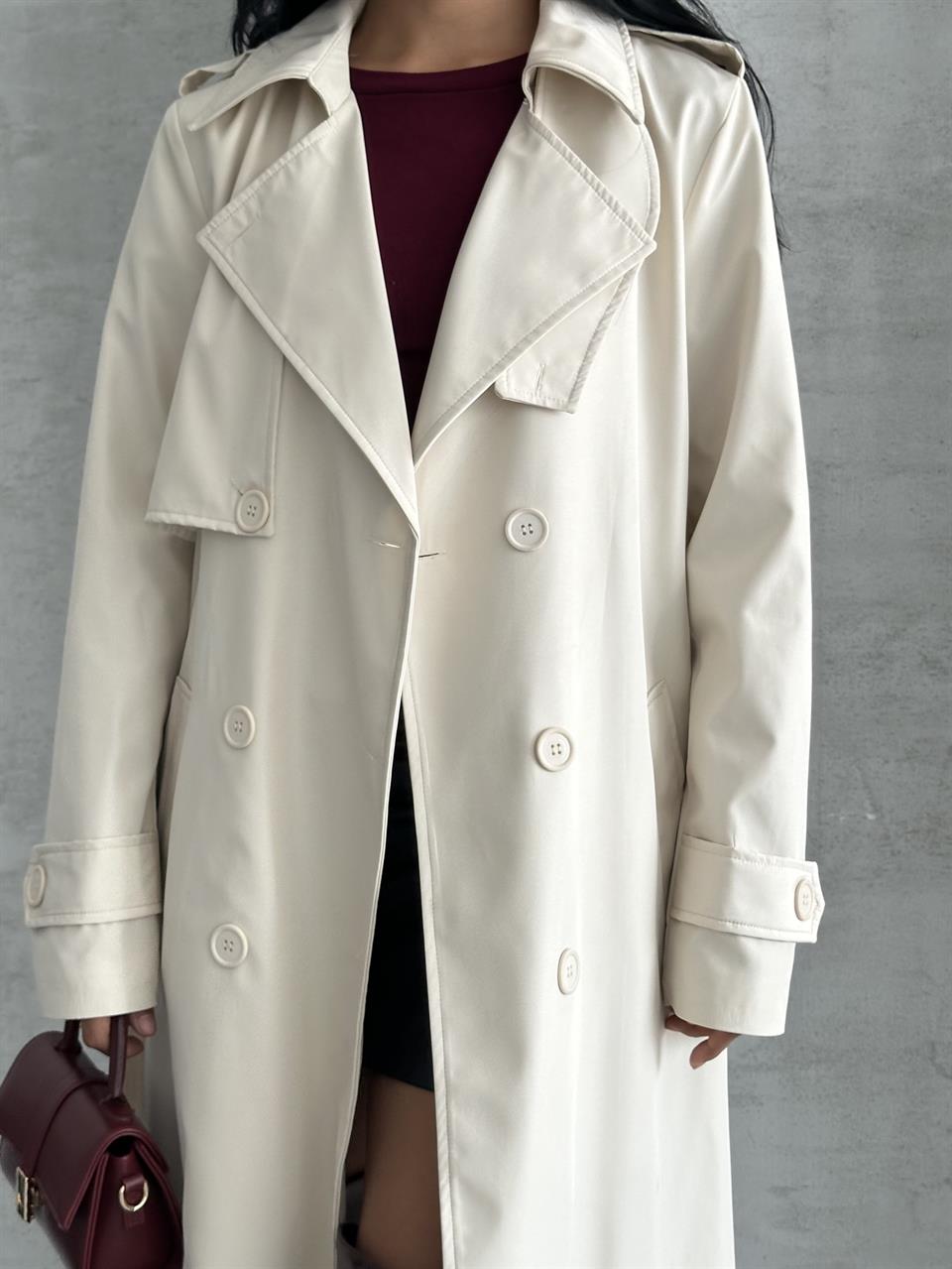 Kruvaze Yaka Kırık Beyaz Trençkot
