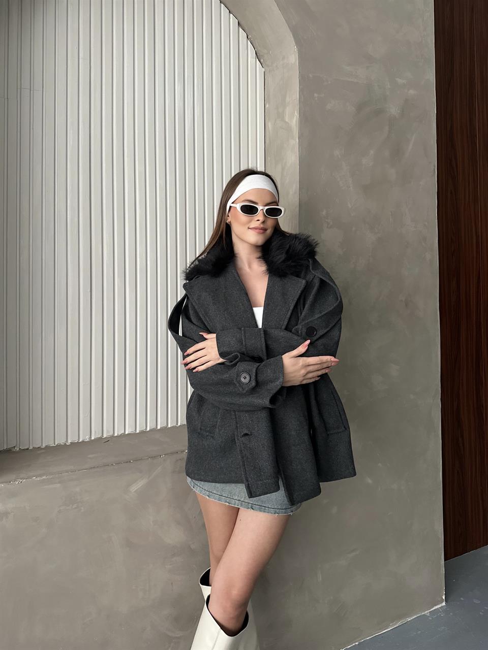 Kürklü Modern Antrasit Kaşe Kaban