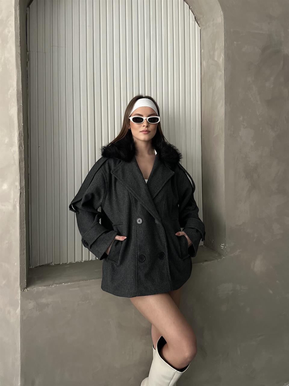 Kürklü Modern Antrasit Kaşe Kaban