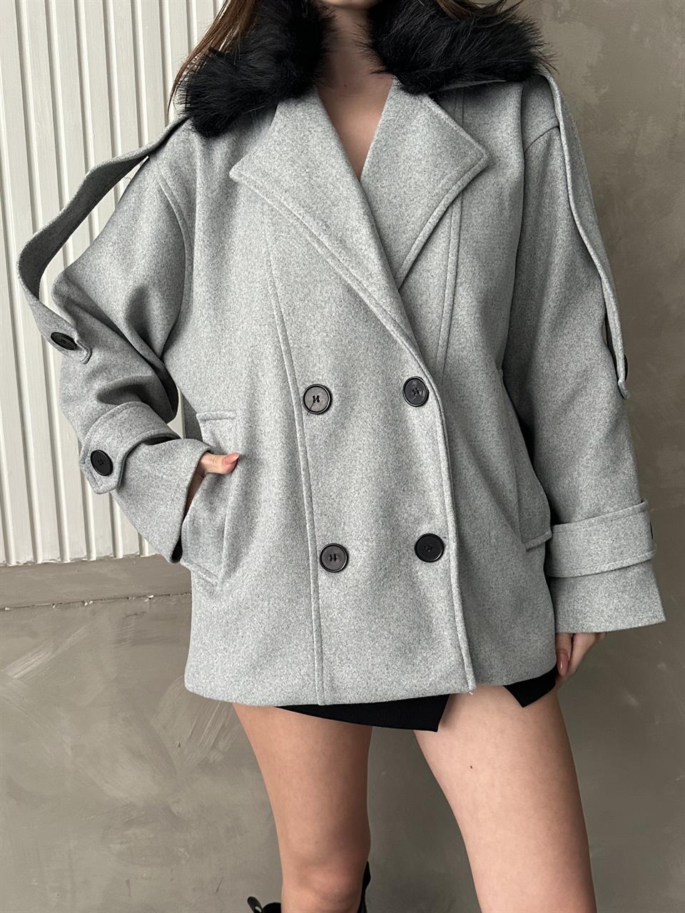 Kürklü Modern Gri Kaşe Kaban