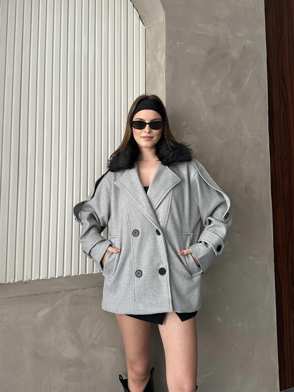 Kürklü Modern Gri Kaşe Kaban