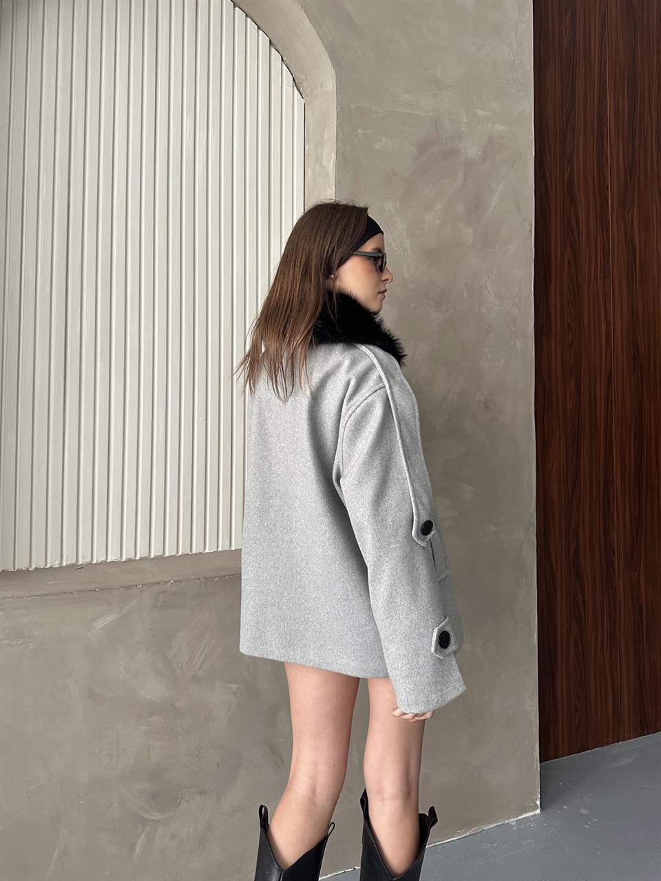 Kürklü Modern Gri Kaşe Kaban