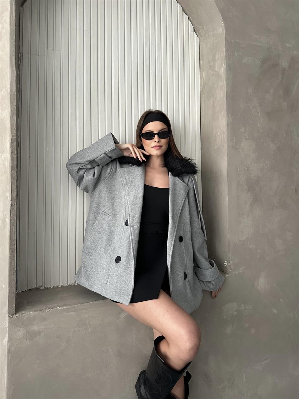Kürklü Modern Gri Kaşe Kaban