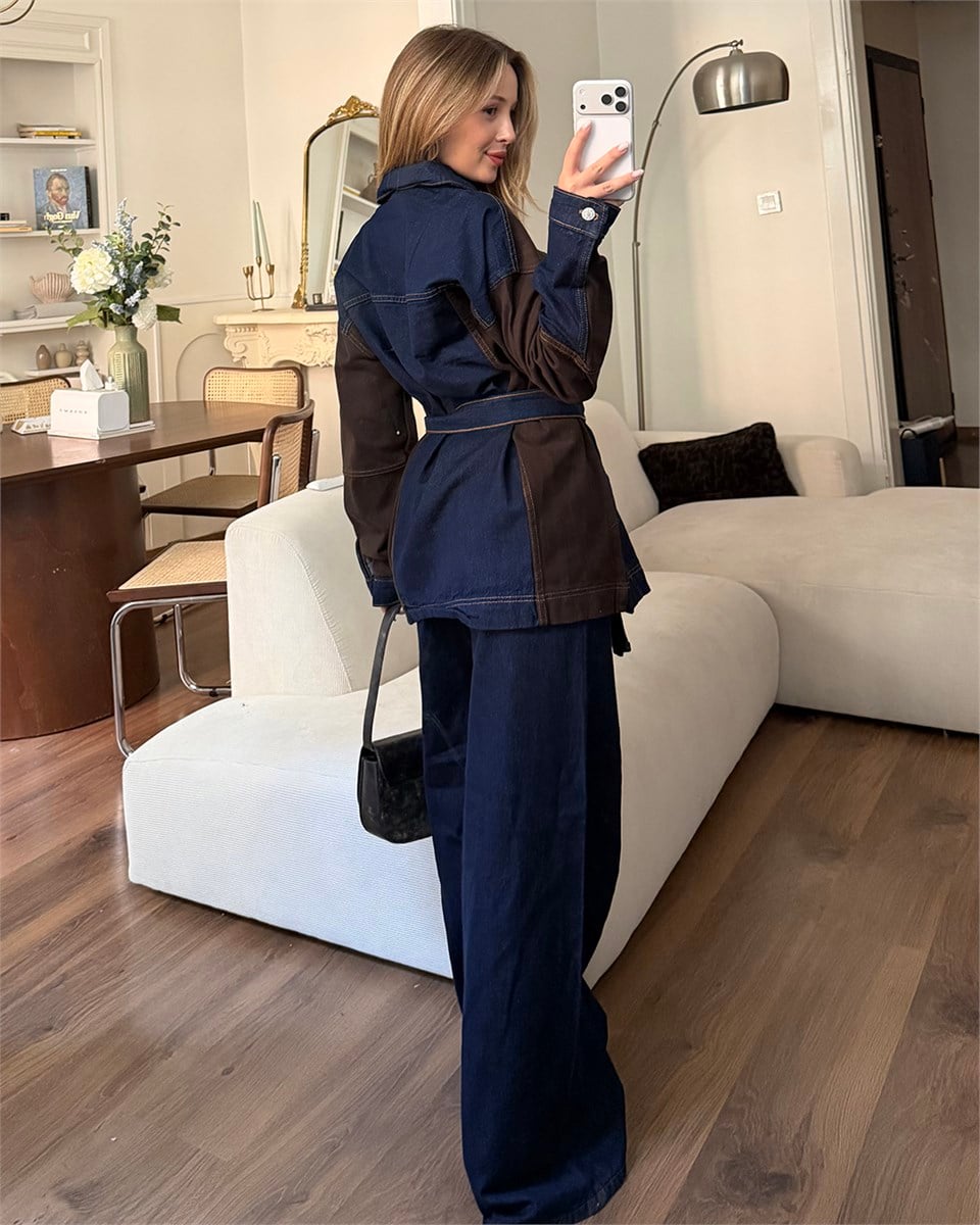 Kuşaklı Kahverengi Parçalı Denim Takım