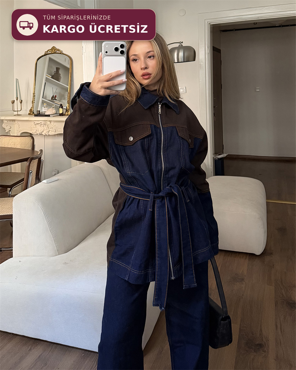 Kuşaklı Kahverengi Parçalı Denim Takım