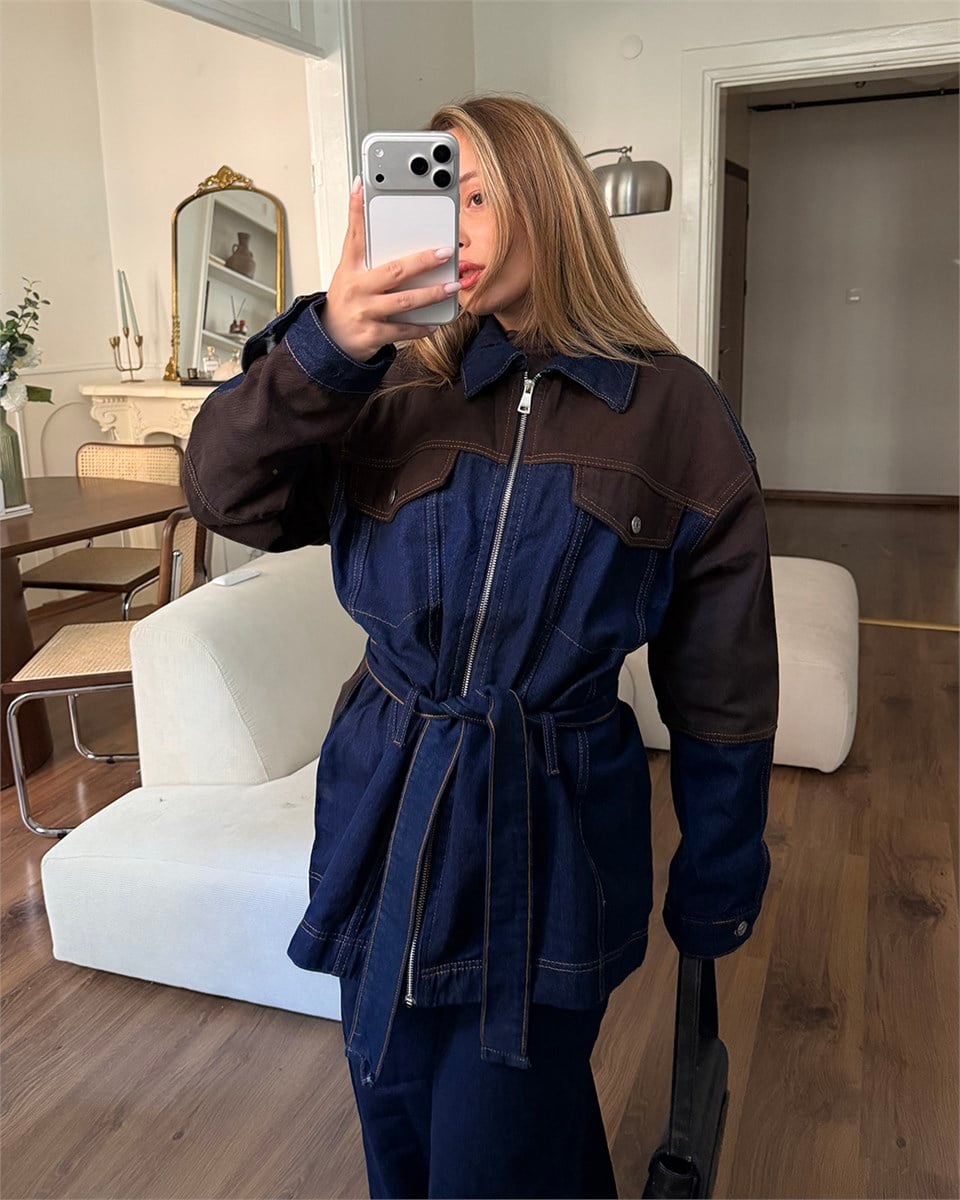 Kuşaklı Kahverengi Parçalı Denim Takım