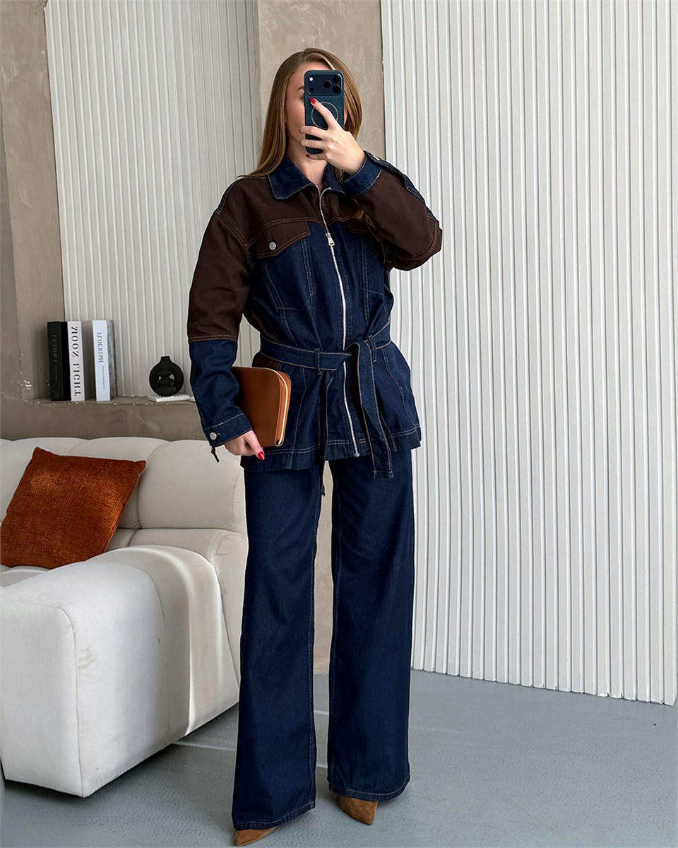 Kuşaklı Kahverengi Parçalı Denim Takım