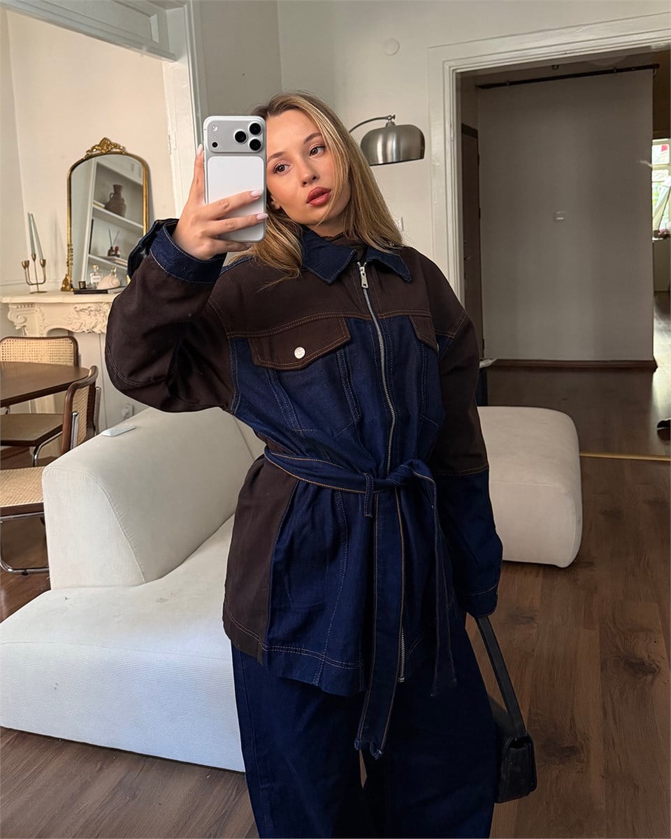 Kuşaklı Kahverengi Parçalı Denim Takım
