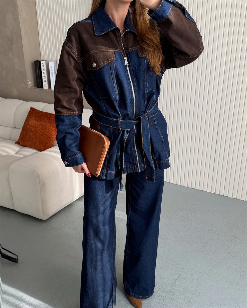 Kuşaklı Kahverengi Parçalı Denim Takım