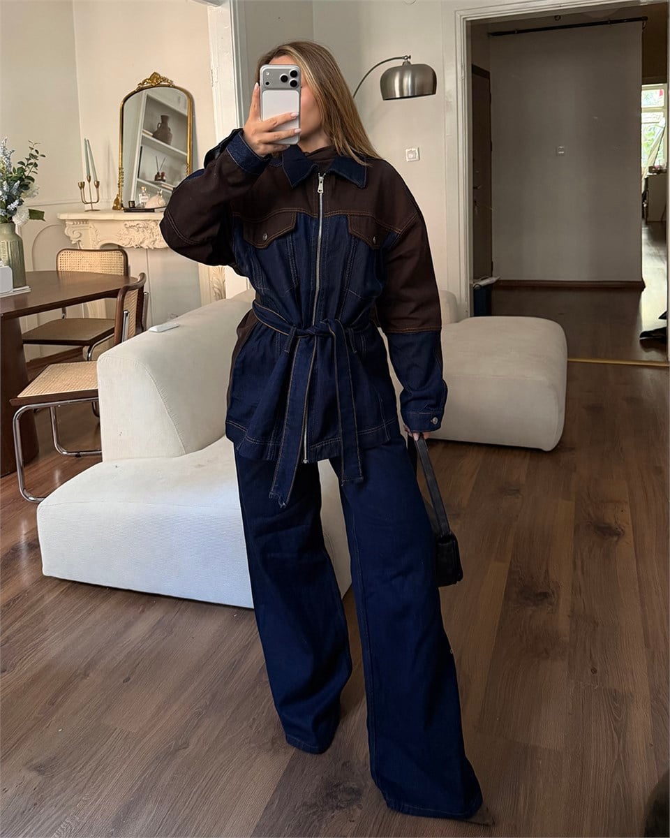 Kuşaklı Kahverengi Parçalı Denim Takım