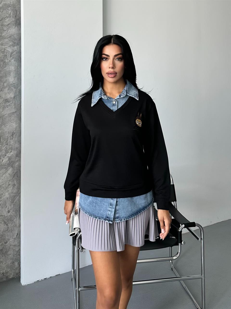 Labu Kot Detaylı Siyah Sweatshirt