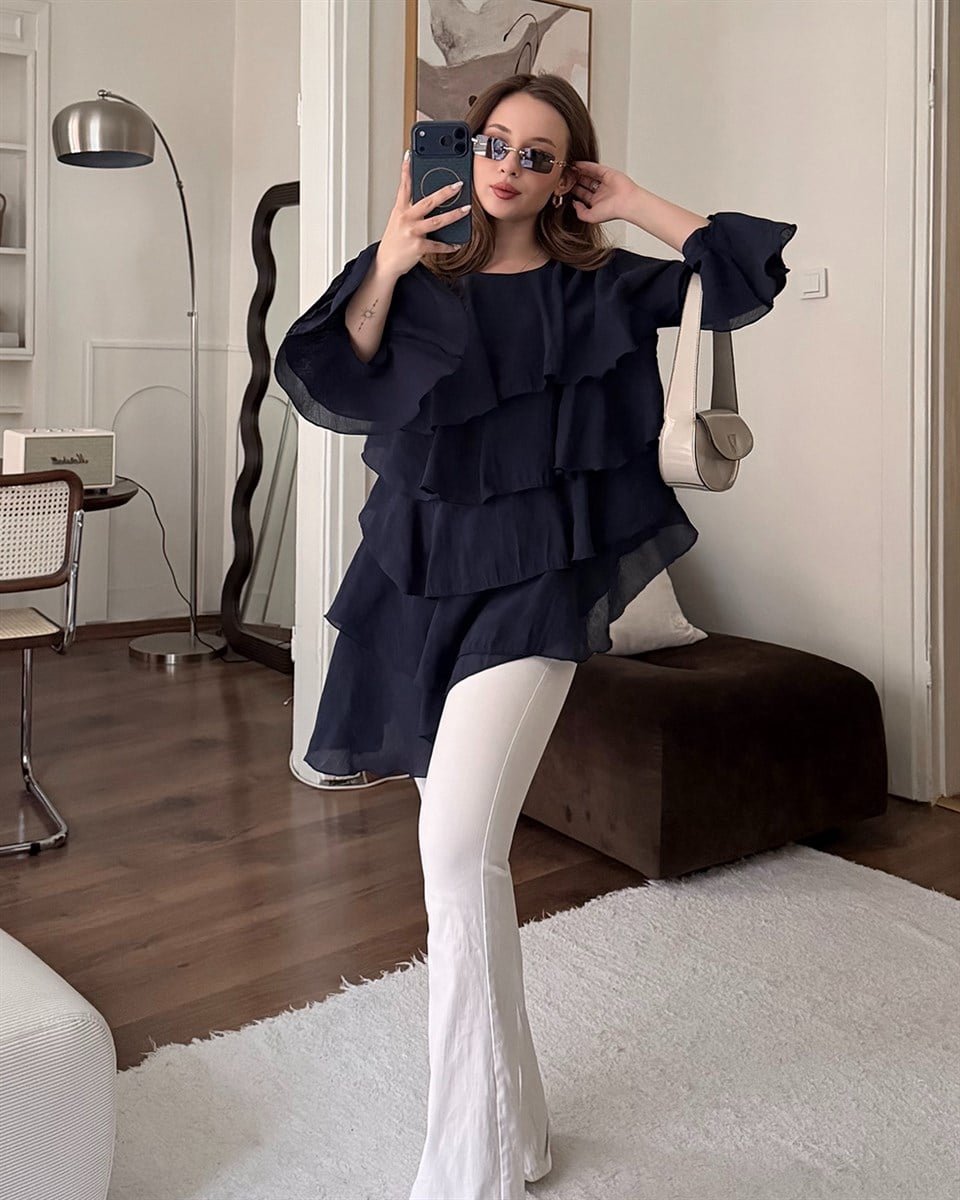 Lacivert Asimetrik Şifon Bluz