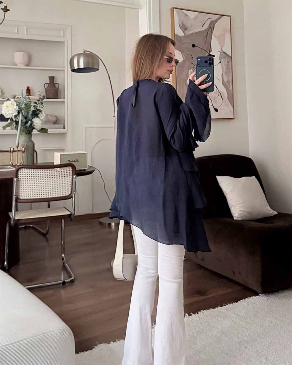 Lacivert Asimetrik Şifon Bluz