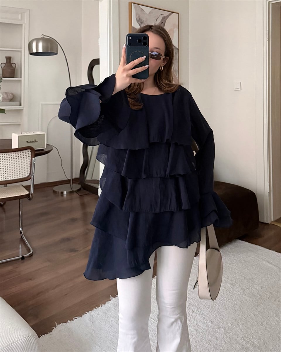 Lacivert Asimetrik Şifon Bluz