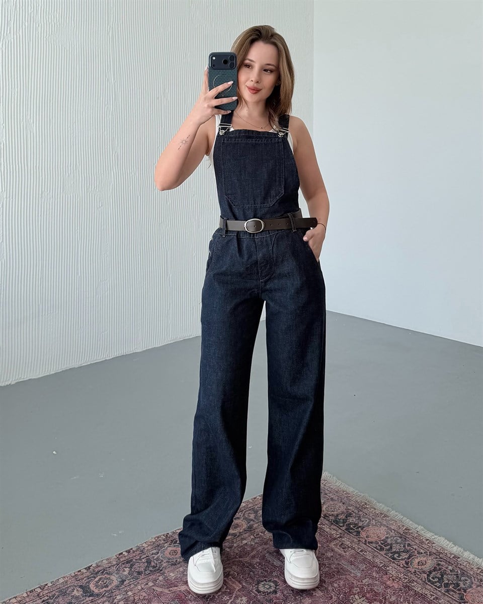 Kemerli Lacivert Denim Salopet Tulum