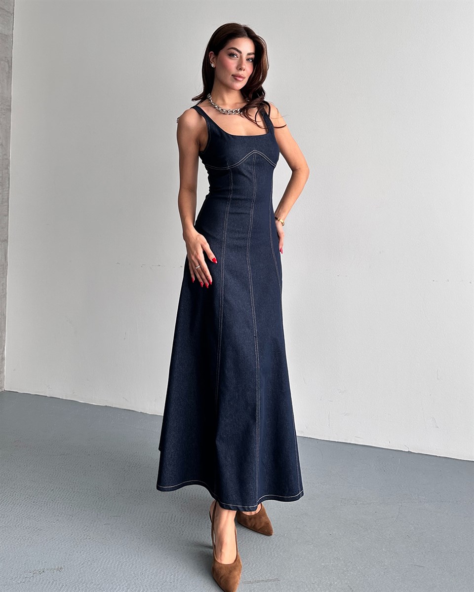 Lacivert Denim Midi Elbise