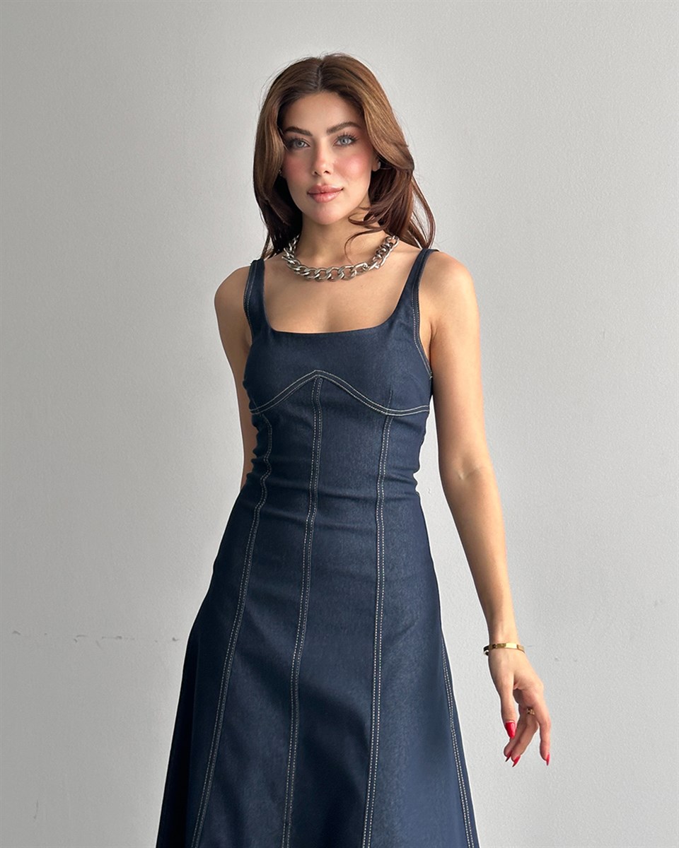 Lacivert Denim Midi Elbise