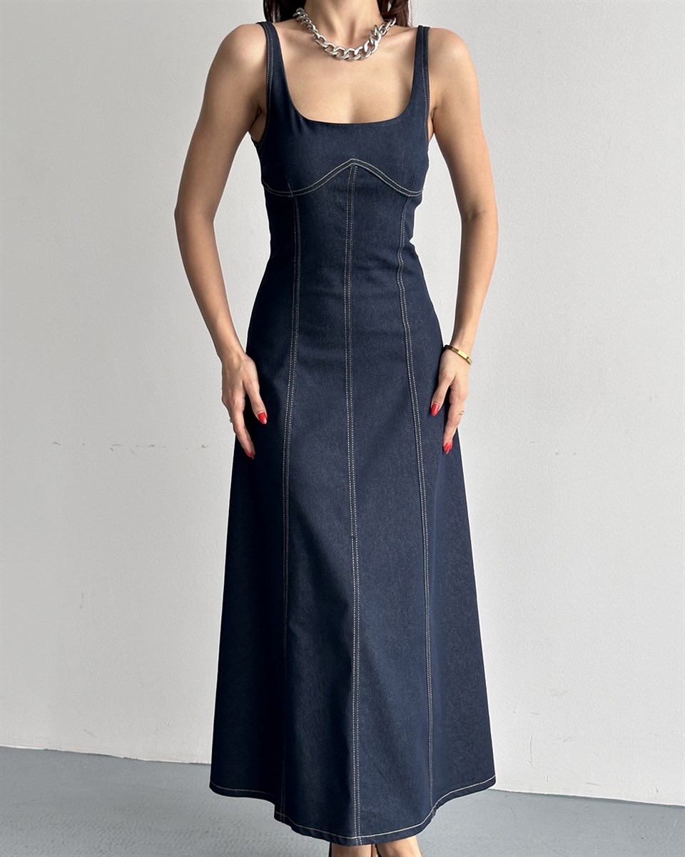 Lacivert Denim Midi Elbise