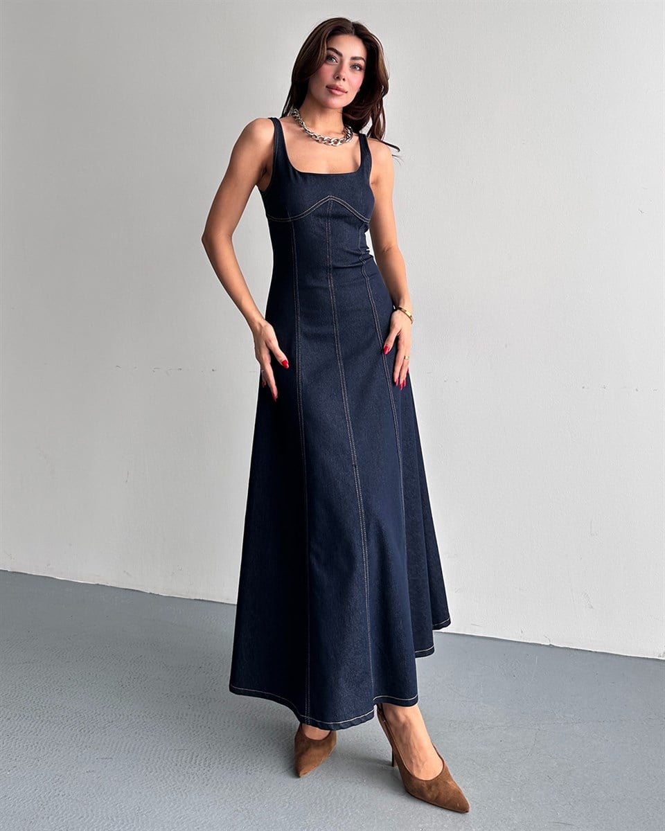 Lacivert Denim Midi Elbise