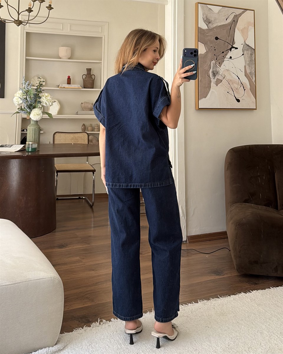 Lacivert Güpür Nakışlı Denim İkili Takım