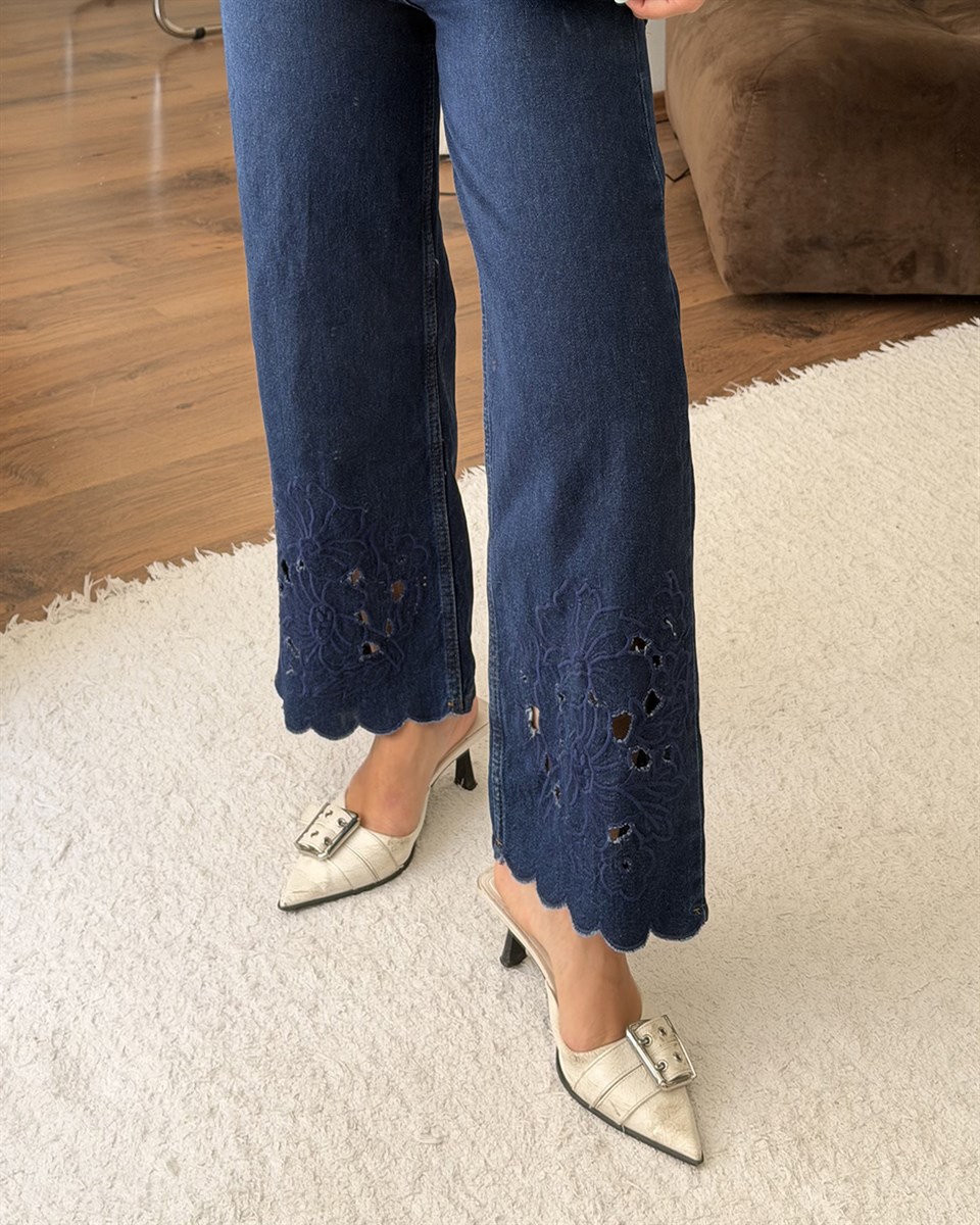 Lacivert Güpür Nakışlı Denim İkili Takım