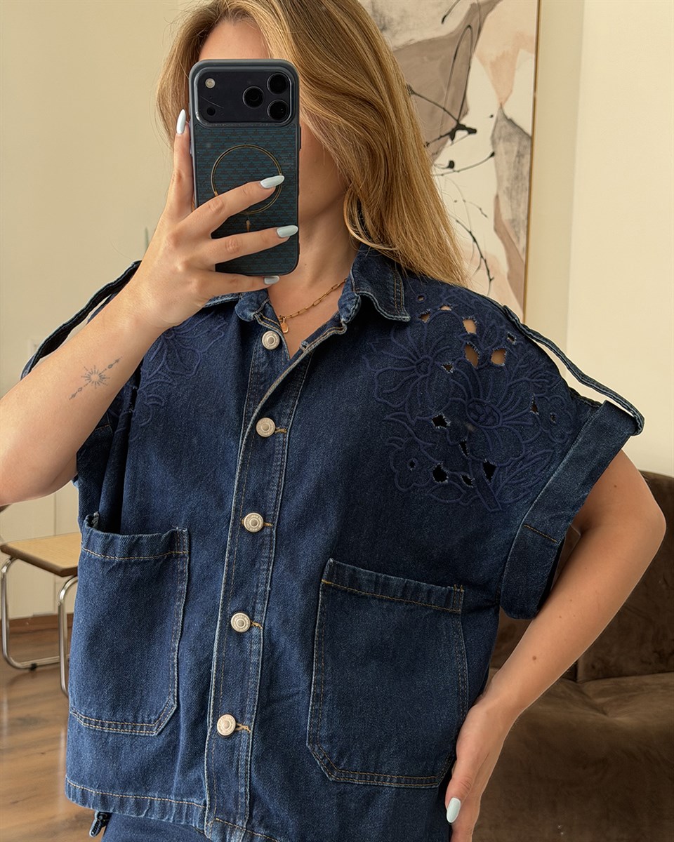 Lacivert Güpür Nakışlı Denim İkili Takım