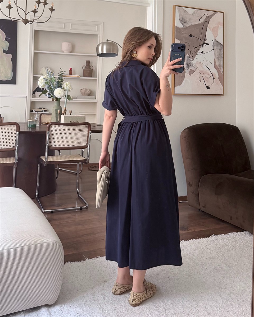 Lacivert Kemerli Midi Elbise