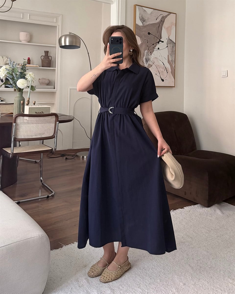 Lacivert Kemerli Midi Elbise