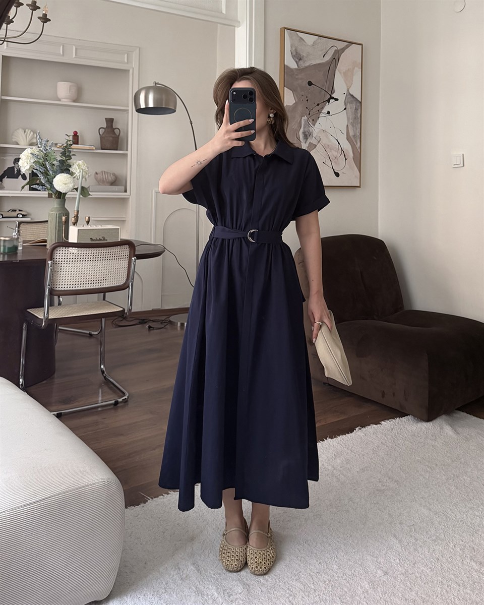 Lacivert Kemerli Midi Elbise