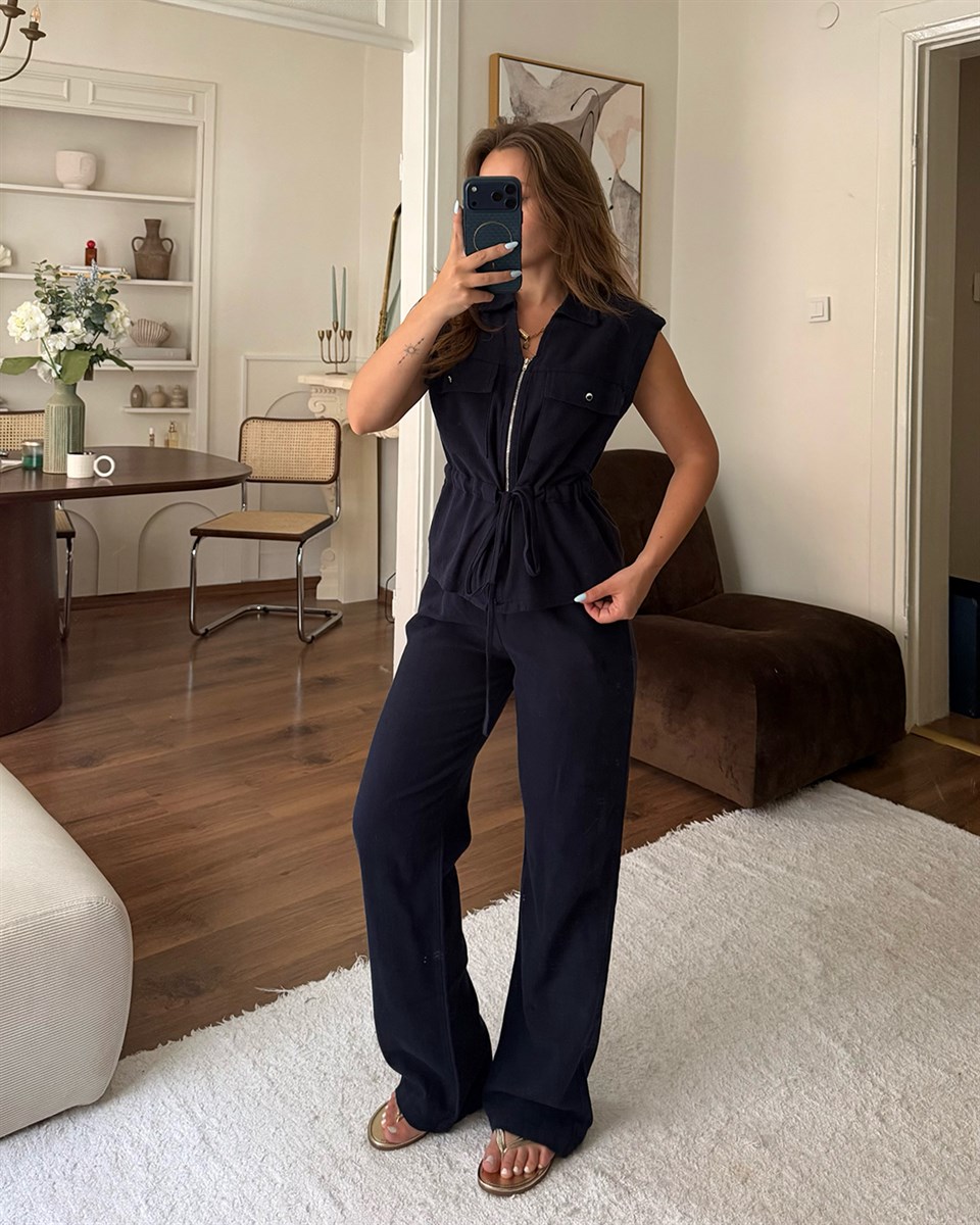 Lacivert Keten Yelek Pantolon Takım
